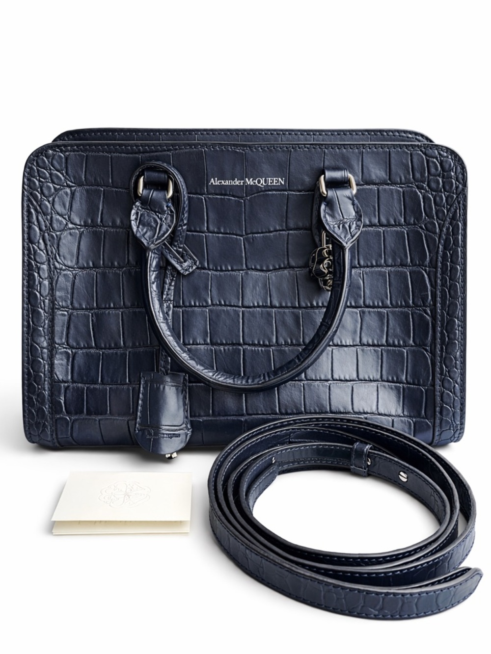 Alexander McQueen Croc-Embossed Navy Leather Satchel with Strap